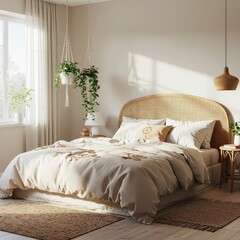 A cozy bedroom with a light beige color palette, featuring a woven headboard, potted plants, and natural light.