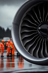 Close-up of airplane jet engine with maintenance workers