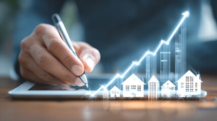 Charting a Course to Home Ownership A hand guides rising home values on a digital display with a cool blue scheme and