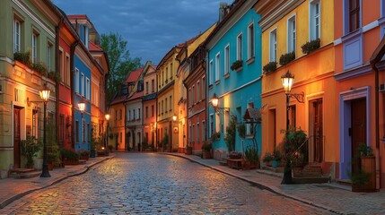 Obraz premium Charming European townhouses with colorful facades and cobblestone streets, romantic evening lighting 