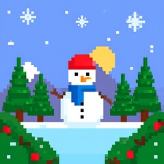 Pixelated snowman in winter scene (1)