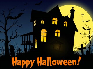 Spooky haunted house silhouette with full moon and bats for halloween