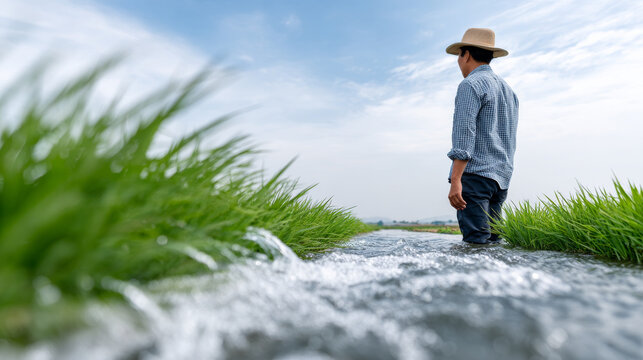 Thoughtful farmer observing flowing water in green agriculture crop field - Powered by Adobe