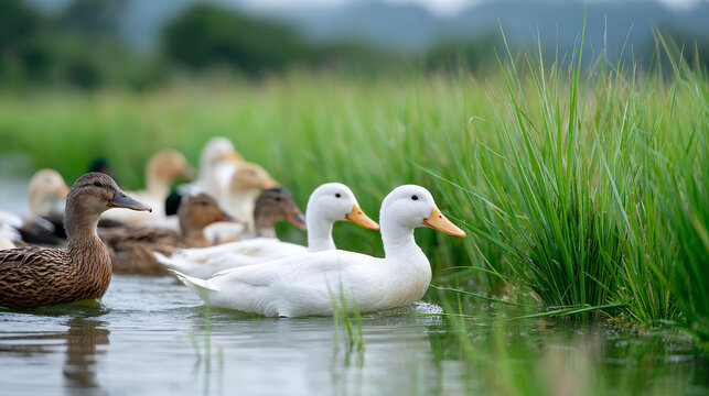 Serene flock of ducks foraging for food in green rice paddy - Powered by Adobe