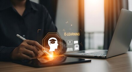 Online Education: Person using tablet for e-learning, studying with digital interface showing learning resources and online courses.