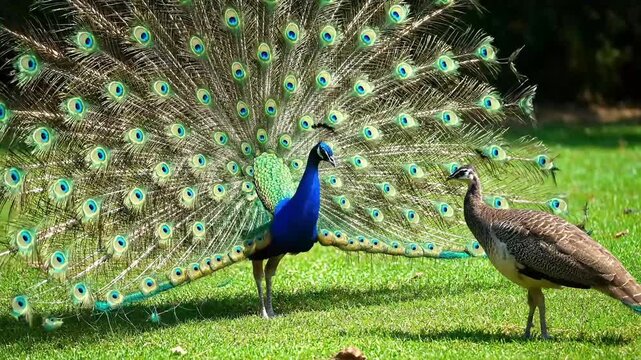 A male peacock displays its vibrant plumage to a peahen on a grassy lawn.