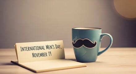 International mens day celebration with a mustache mug and a greeting card on a wooden table surface