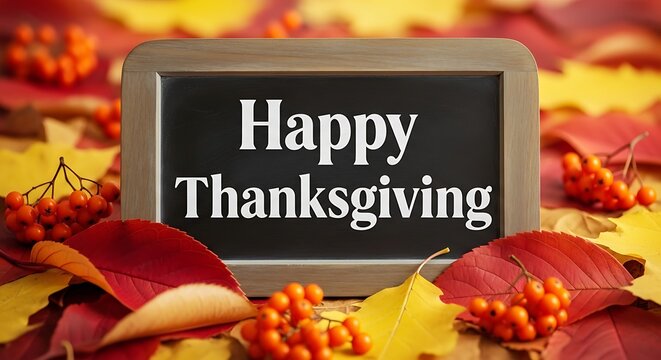Happy thanksgiving message on a chalkboard surrounded by colorful autumn leaves and berries on a table - Powered by Adobe