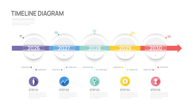 5 Steps Business infographic timeline year arrow glass design template. Business milestone and strategy presentation.Vector illustration.