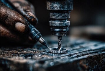 Close-up of dirty hands using a drill press