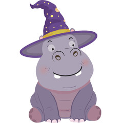 Adorable cartoon hippopotamus wearing a purple wizard hat with yellow stars. Cute Halloween animal illustration, perfect for holiday designs, greeting cards, stickers, and kids decorations.
