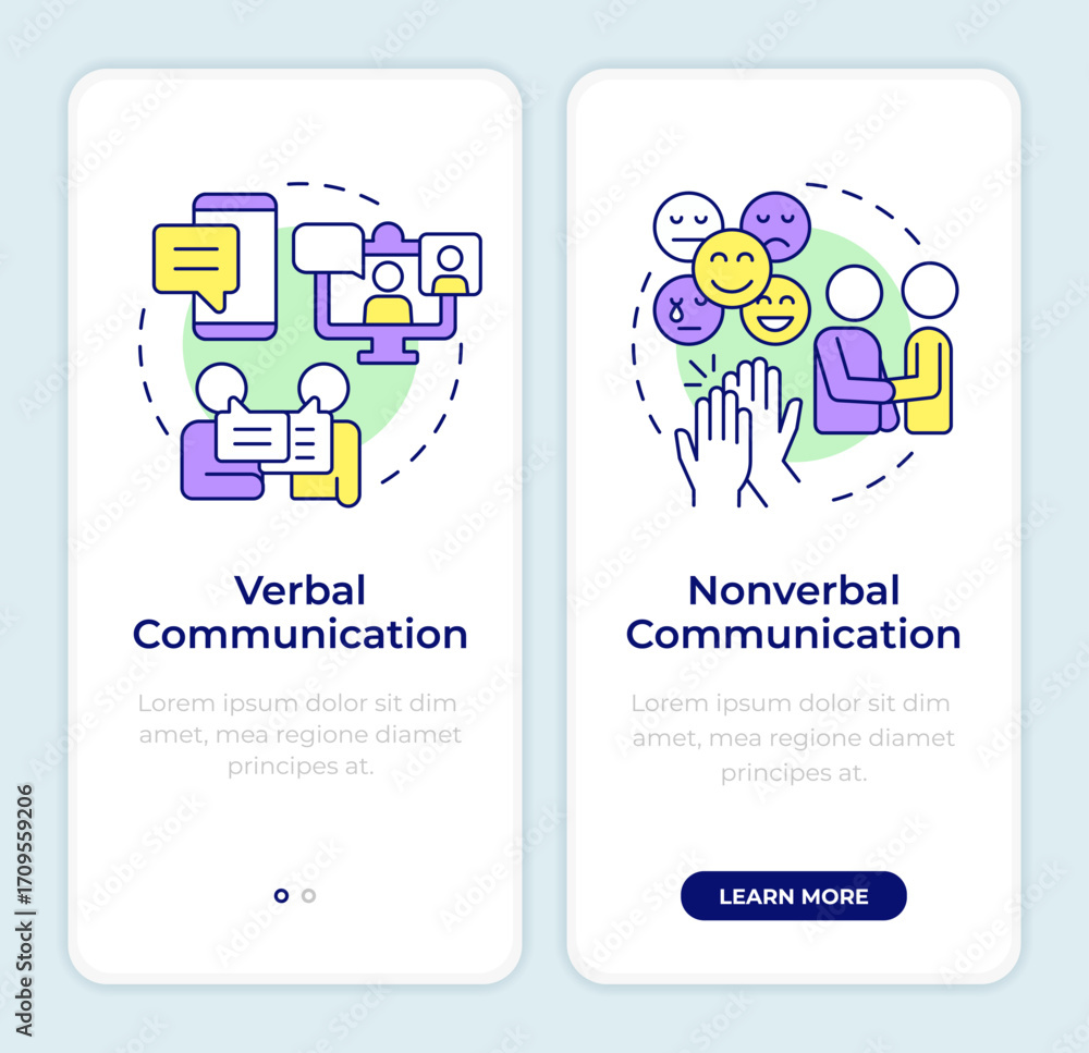 Poster communication types onboarding mobile app screen. social networking. walkthrough 2 steps editable gr