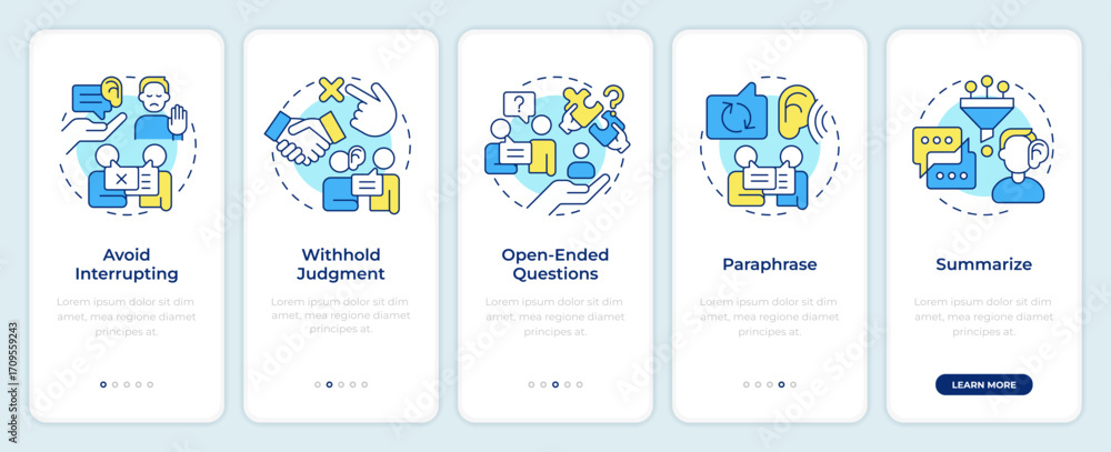 Poster active listening techniques onboarding mobile app screen. walkthrough 5 steps editable graphic instr