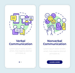 Communication types onboarding mobile app screen. Social networking. Walkthrough 2 steps editable graphic instructions with linear concepts. UI, UX, GUI. Montserrat SemiBold, Regular fonts used