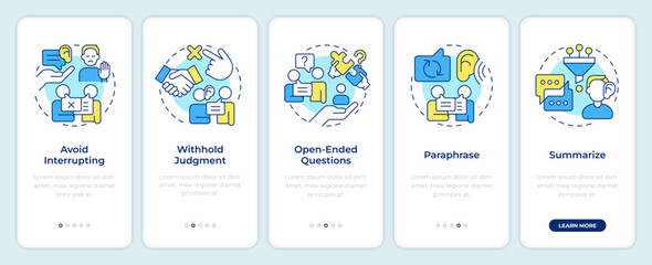Active listening techniques onboarding mobile app screen. Walkthrough 5 steps editable graphic instructions with linear concepts. UI, UX, GUI. Montserrat SemiBold, Regular fonts used