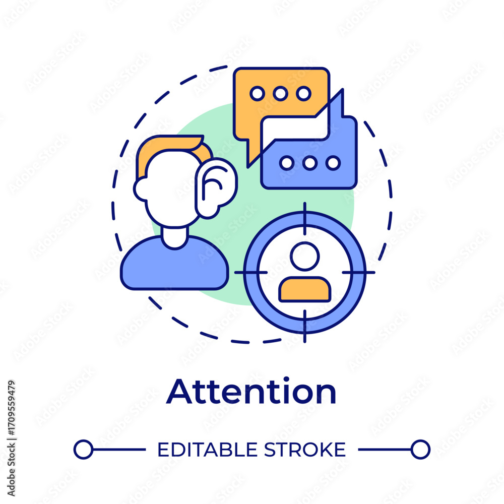 Poster attention multi color concept icon. social interaction, messaging. active listening. round shape lin