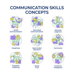 Communication skills multi color concept icons. Empathic listening, conversation. Emotional intelligence. Icon pack. Vector images. Round shape illustrations for booklet, blog post. Abstract idea