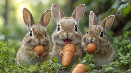 Three adorable fluffy young rabbits holding and eating fresh carrots in a vibrant sun d d garden with lush green foliage