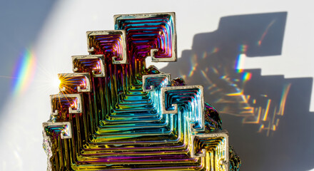 Obraz premium Macro photo of amazing rainbow bismuth metal, beautiful futuristic texture like fantasy city, natural element for scientific or design project