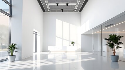 Bright and modern office reception area with clean white walls and natural lighting.