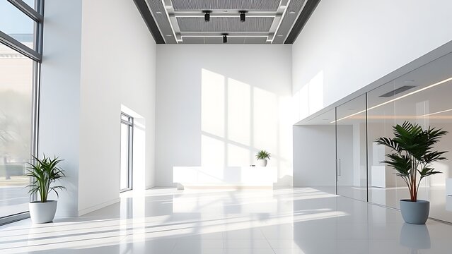 Bright and modern office reception area with clean white walls and natural lighting.
