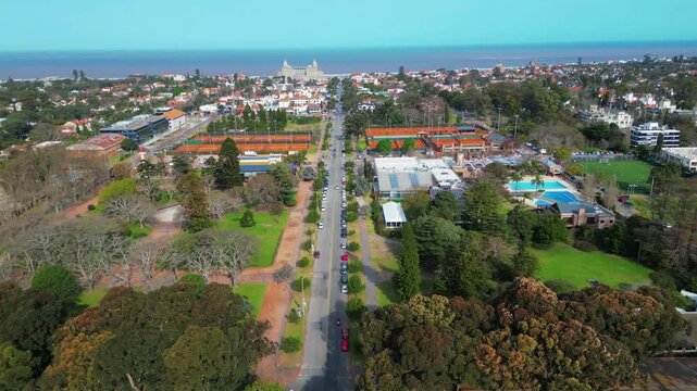 Aerial View of Carrasco Avenue with Tennis Courts Towards Hotel Casino Carrasco in Montevideo, Uruguay