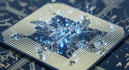 Powerful computer processor with glowing light effects, futuristic technology and artificial intelligence concept, cpu chip processing big data, innovation in science.