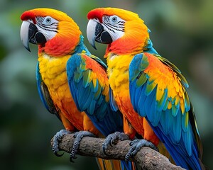 Two vibrant aws perched side by side on a tree branch with lush green foliage in the background