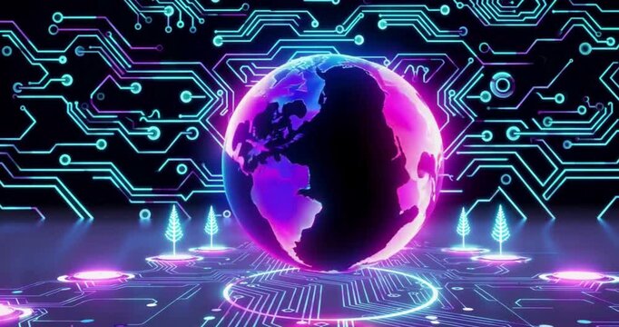 Animated technology background with digital globe, neon matrix circuits, and glowing data connections, great for blockchain and worldwide innovation topics.