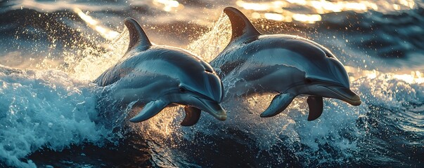 Two dolphins leap gracefully from ocean waves at sunset bathed in golden light