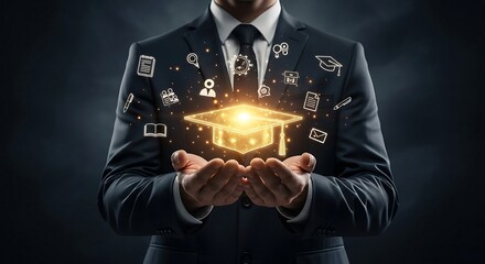 Businessman Holding Glowing Graduation Cap: Education, Knowledge & Future Success