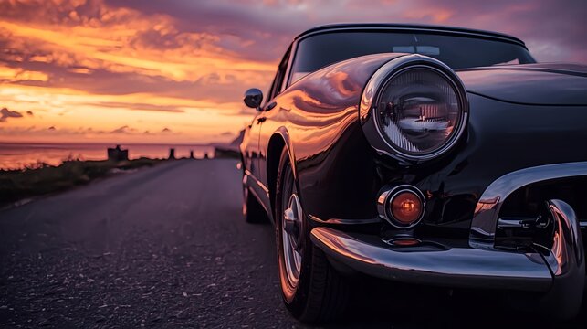 Fototapeta car on the road Classic black vintage car driving on an open road during golden sunset, creating a nostalgic and cinematic atmosphere perfect for retro themes and timeless travel concepts