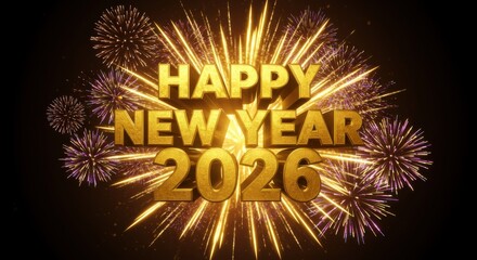 A celebratory graphic displays "Happy New Year 2026" in bold gold lettering, surrounded by vibrant fireworks bursting against a dark night background.