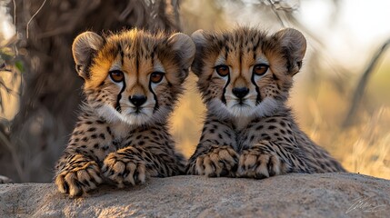 Fototapeta premium Two adorable twin cheetah cubs with distinctive spotted fur rest on a sunlit rock looking alert