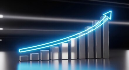 Neon blue arrow graph showing upward trend against metallic bars and dark background chart data