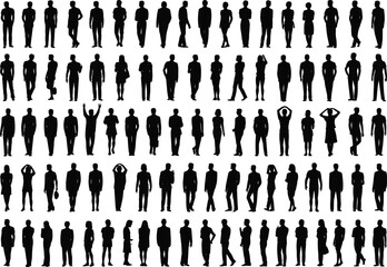 Silhouettes of 100 human figures in various poses, diverse stances, gestures, and body language, black and white posture reference illustration