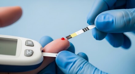 Close up of hands in gloves checking blood sugar level with glucometer isolated on blue background