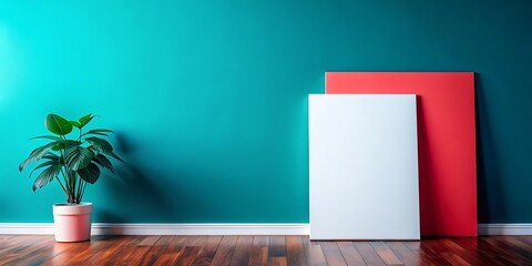 Modern interior with a plant and blank canvases against a teal wall.