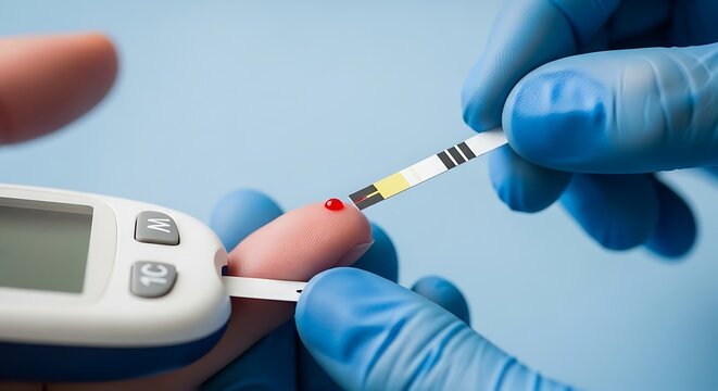 Close up of hands in gloves checking blood sugar level with glucometer isolated on blue background