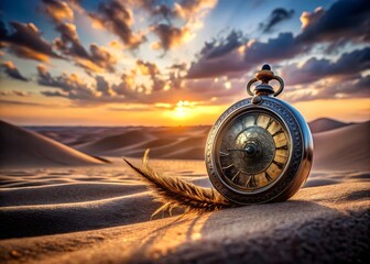 3d icon of antique pocket watch resting on sand dunes at sunset, symbolizing the passage of time in a desert landscape