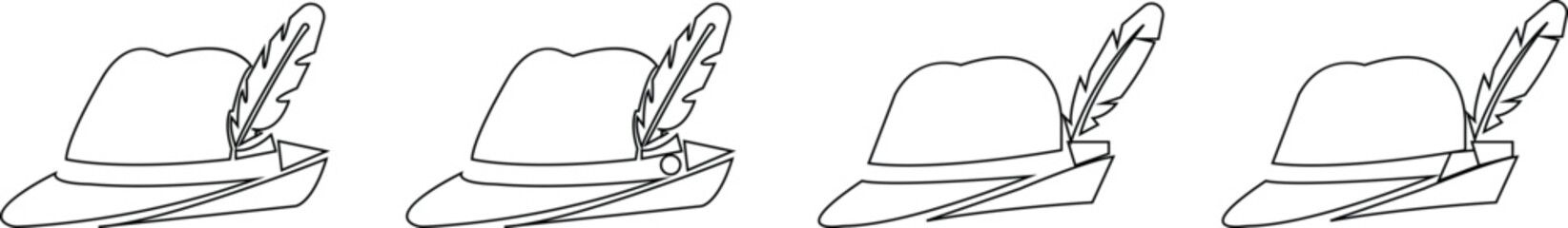 Tyrolean Hat Icon set Traditional Alpine Headwear Bavarian Style with feather Oktoberfest Costume, Feather Decoration, Folk Culture, and Fashion Symbols in Modern Vector Style elements design template