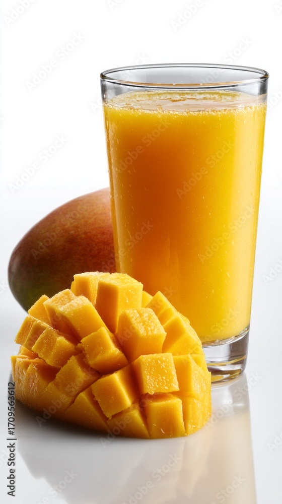 Poster fresh mango juice and diced mango on a clean surface with a whole mango in the background during day