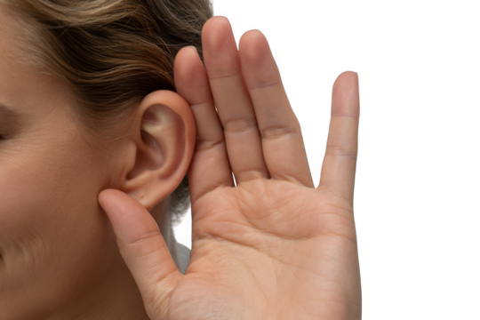 Close-up photograph of a person cupping their ear to listen intently to sounds and conversations. transparent background