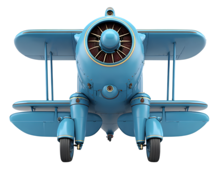 Blue biplane aircraft front view isolated on white isolated on transparent background