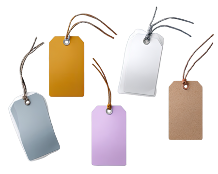 Five colorful rectangular tags with leather cords