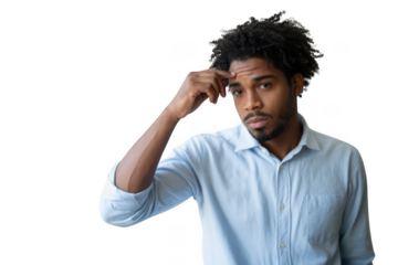 Thoughtful black man with afro hair touching forehead in medium shot portrait wearing a white shirt transparent background