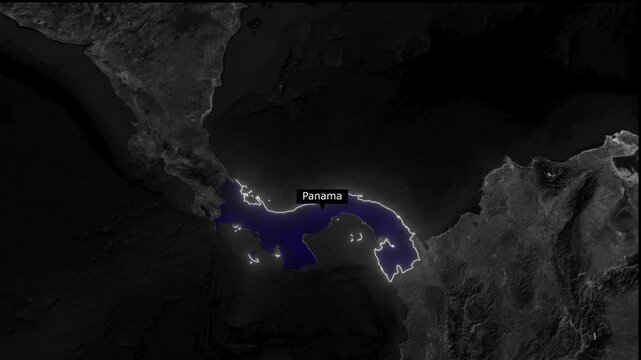 Aerial view of panama highlighted on a dark map with surrounding land masses in grayscale tones