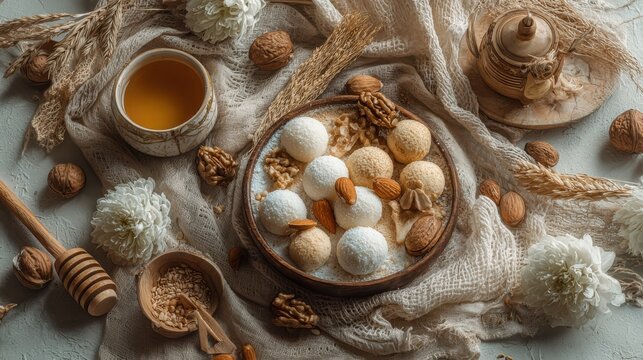 Kurut is a Kyrgyz dessert of hard yogurt balls, white and round, arranged neatly in a wooden tray, dry, tangy, traditional, and visually appealing.