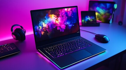 Stunning modern gaming setup with laptop featuring vibrant RGB lighting surrounded by keyboard mouse and headset for showcasing neon lit aesthetic immersive digital entertainment concept