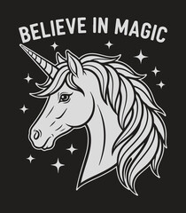 Believe in Magic – Monochrome Unicorn Illustration with Stars and Inspirational Quote